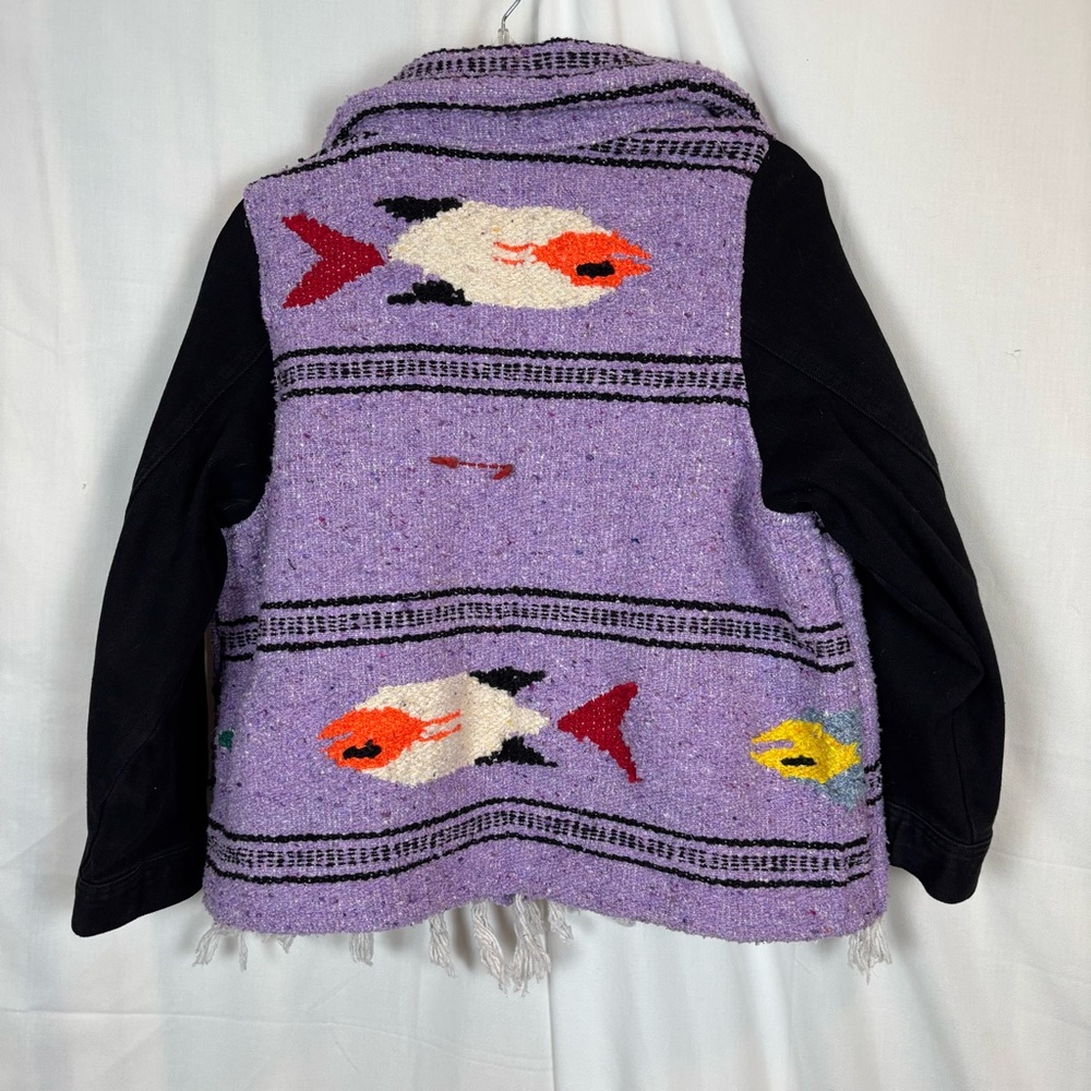 L-3X Lavender Jacket with Fish Imagery and Black Denim Sleeves Handmade - Picture 4 of 14